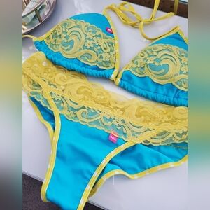 Doll Swimwear Blue and Yellow Lace Bikini Set M/L Like New